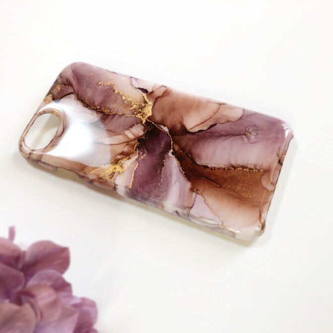 茶色と紫のアルコールインクアートスマホケース